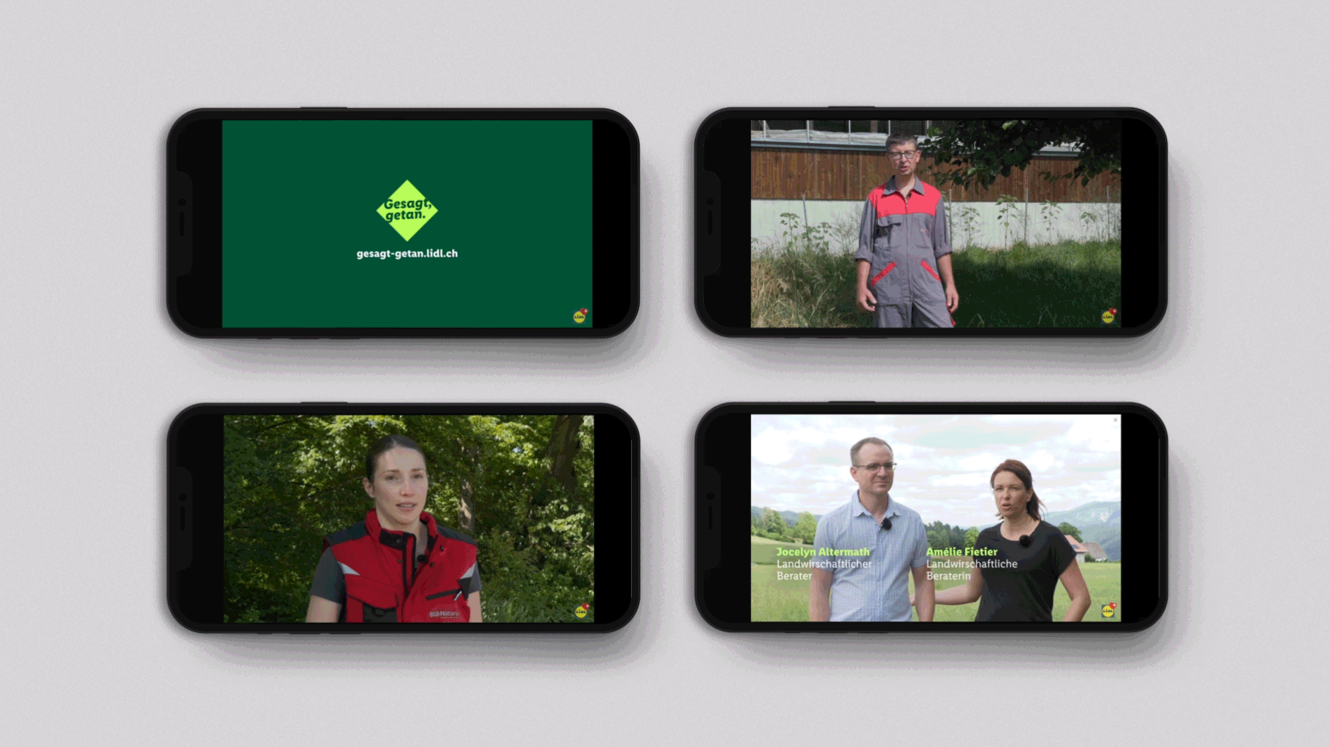 Vier Smartphones zeigen Ausschnitte aus der Videoreihe über nachhaltige Produzenten, die mit LIDL zusammenarbeiten.