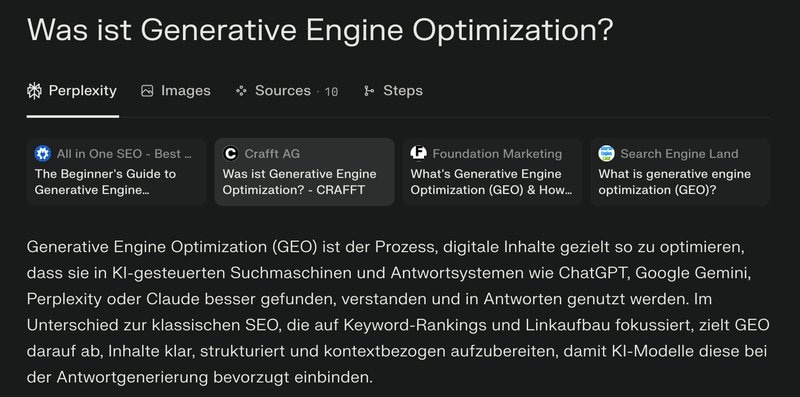 Bildschirmaufnahme von Perplexity AI - GEO in KI Suchmaschinen.