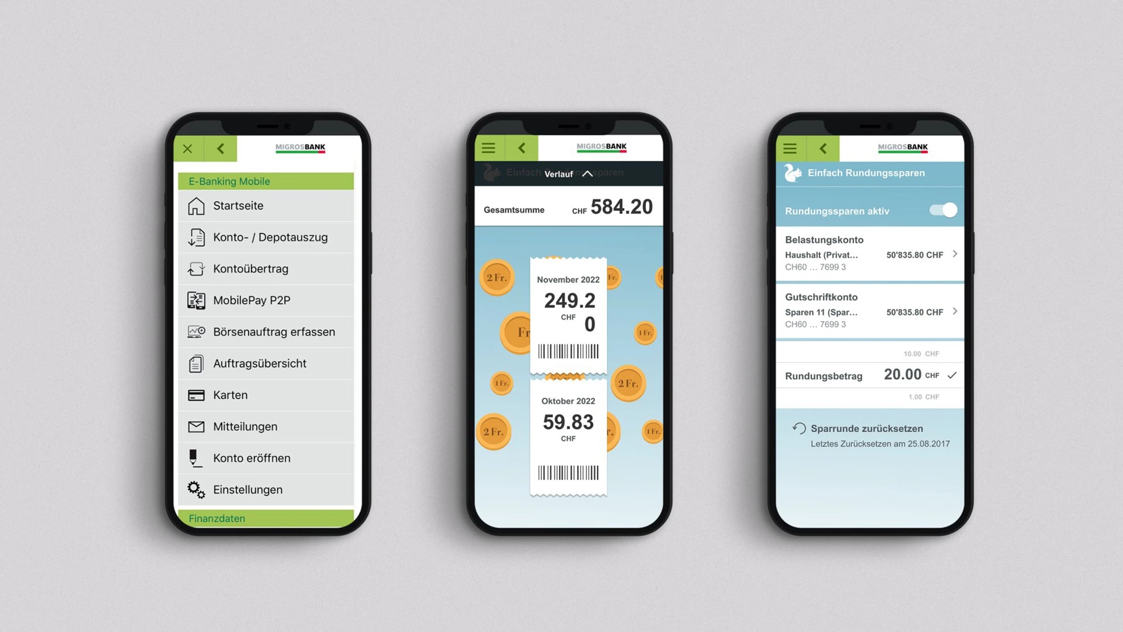 Das Bild zeigt drei Smartphones, die verschiedene Bildschirme einer mobilen Banking-App der Zuger Kantonalbank anzeigen.