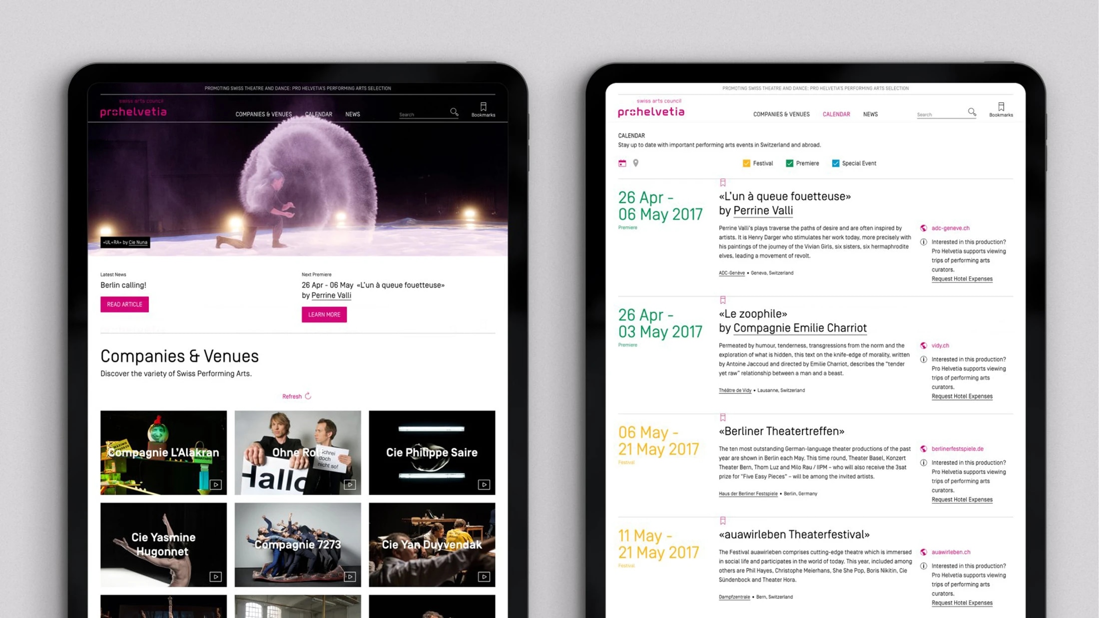 Das Bild zeigt zwei Tablets, die die Website von Pro Helvetia, dem Schweizerischen Kunst- und Kulturförderungsinstitut, darstellen.