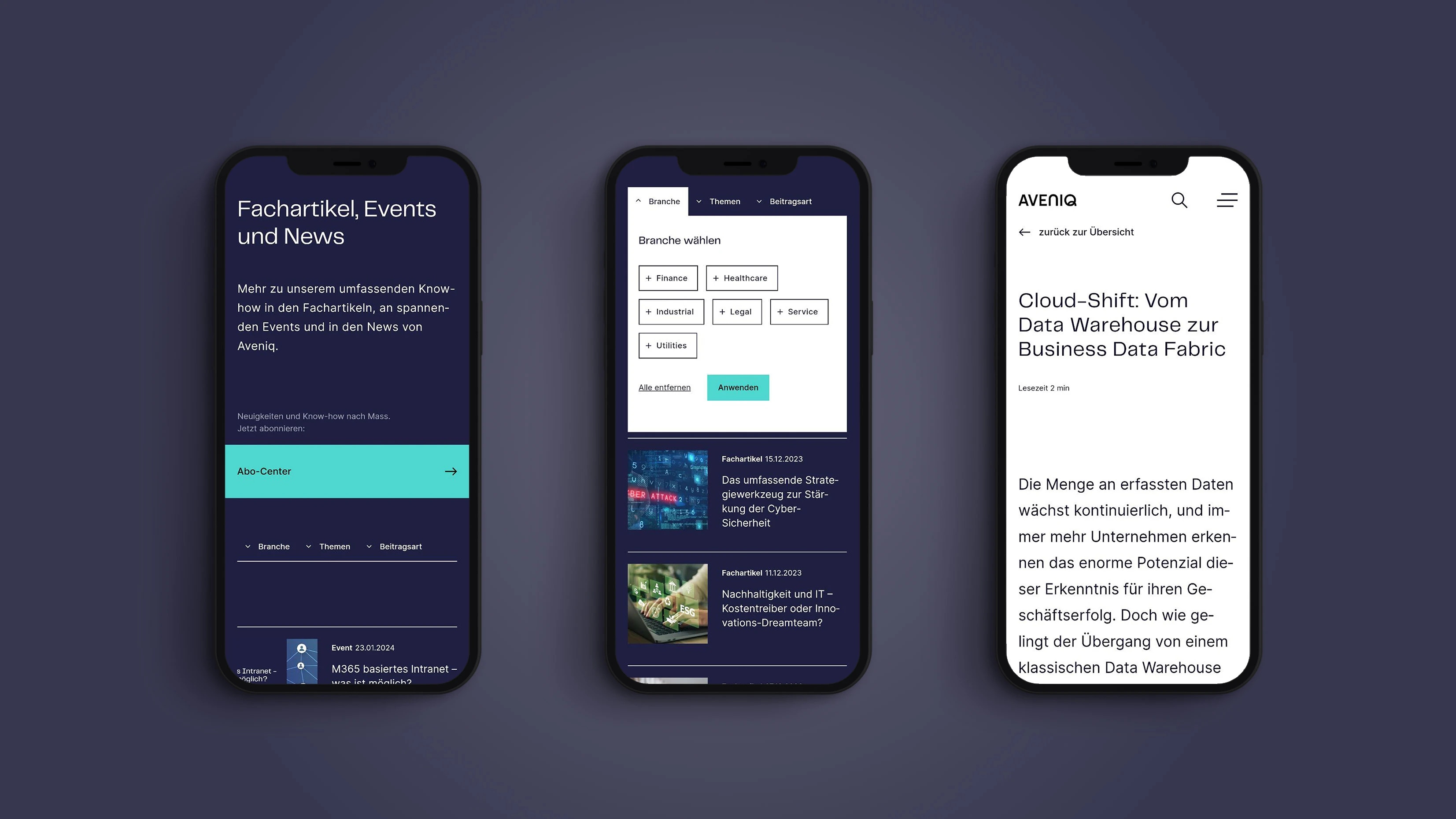 Das Bild zeigt drei nebeneinander platzierte Smartphones, die verschiedene Bildschirme einer App oder Website von Aveniq anzeigen. Die App scheint sich auf Fachartikel, Events und News zu spezialisieren.