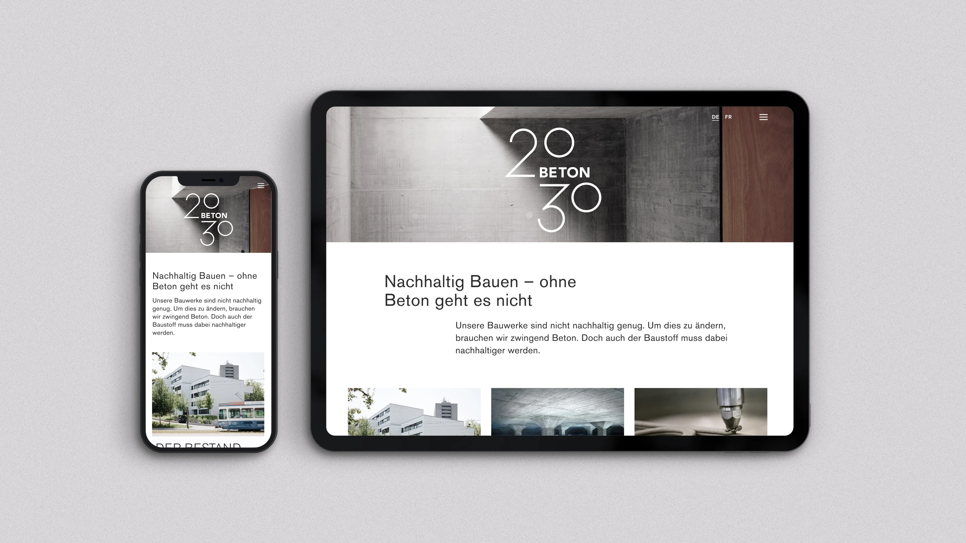 Das Bild zeigt zwei Geräte, ein Smartphone und ein Tablet, die eine Webseite mit dem Titel "Beton 2030" anzeigen. Auf beiden Bildschirmen ist der Text "Nachhaltig Bauen – ohne Beton geht es nicht" zu sehen.