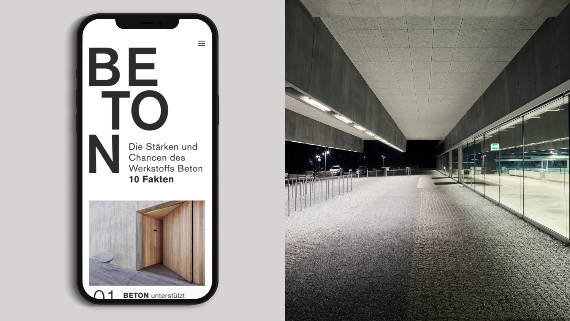 Das Bild ist in zwei Hälften geteilt und zeigt auf der linken Seite ein Smartphone mit einer Webseite und auf der rechten Seite eine moderne Architekturaufnahme.