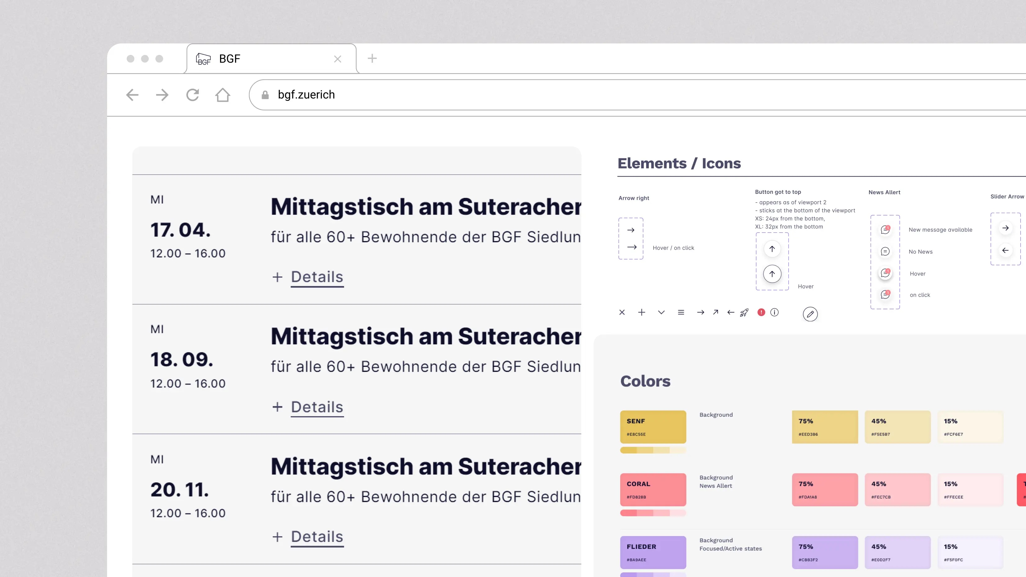 Webseite BGF Zürich Verantstaltungskalender