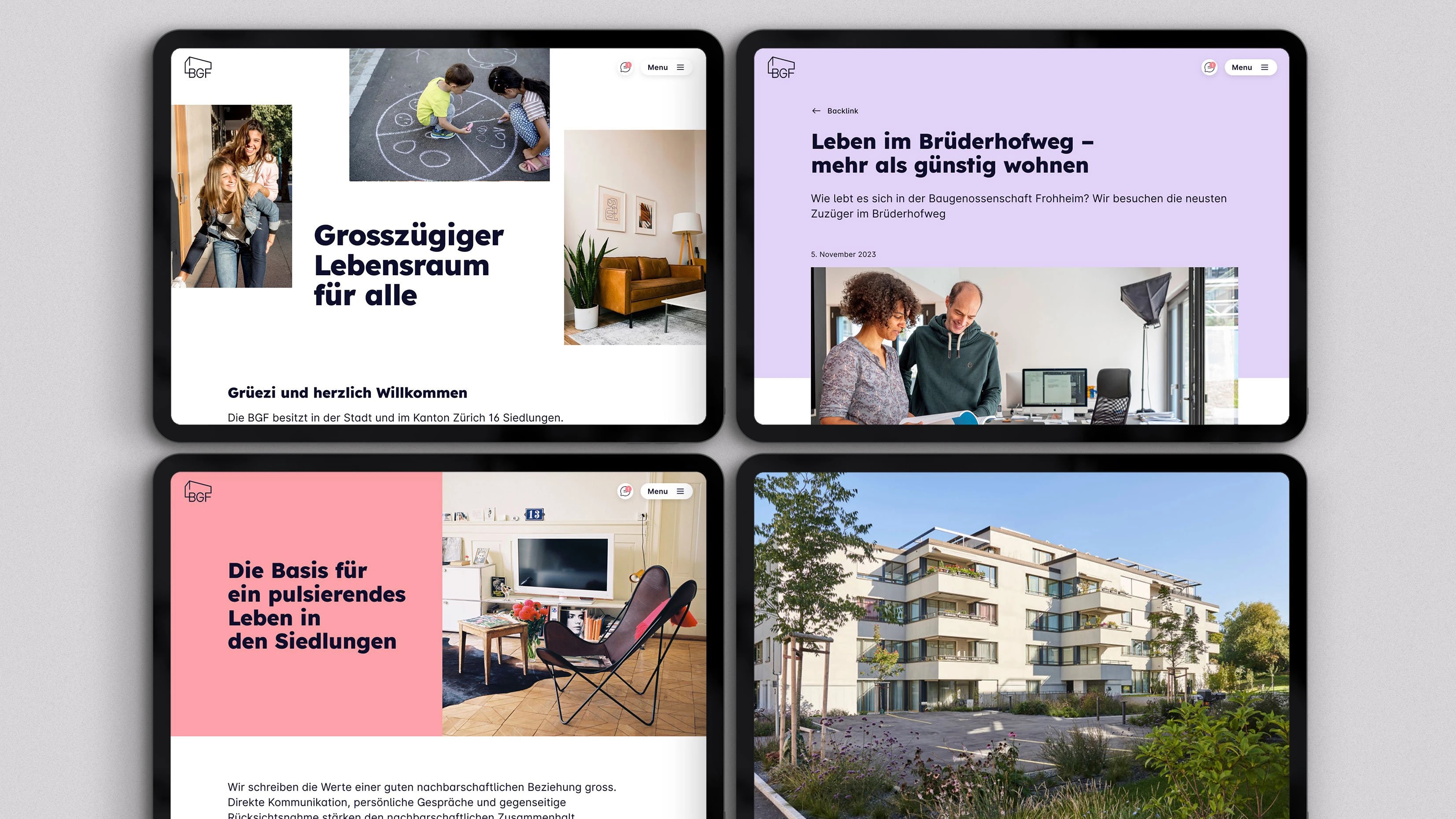 Vier Tablets mit Website BGF Zürich