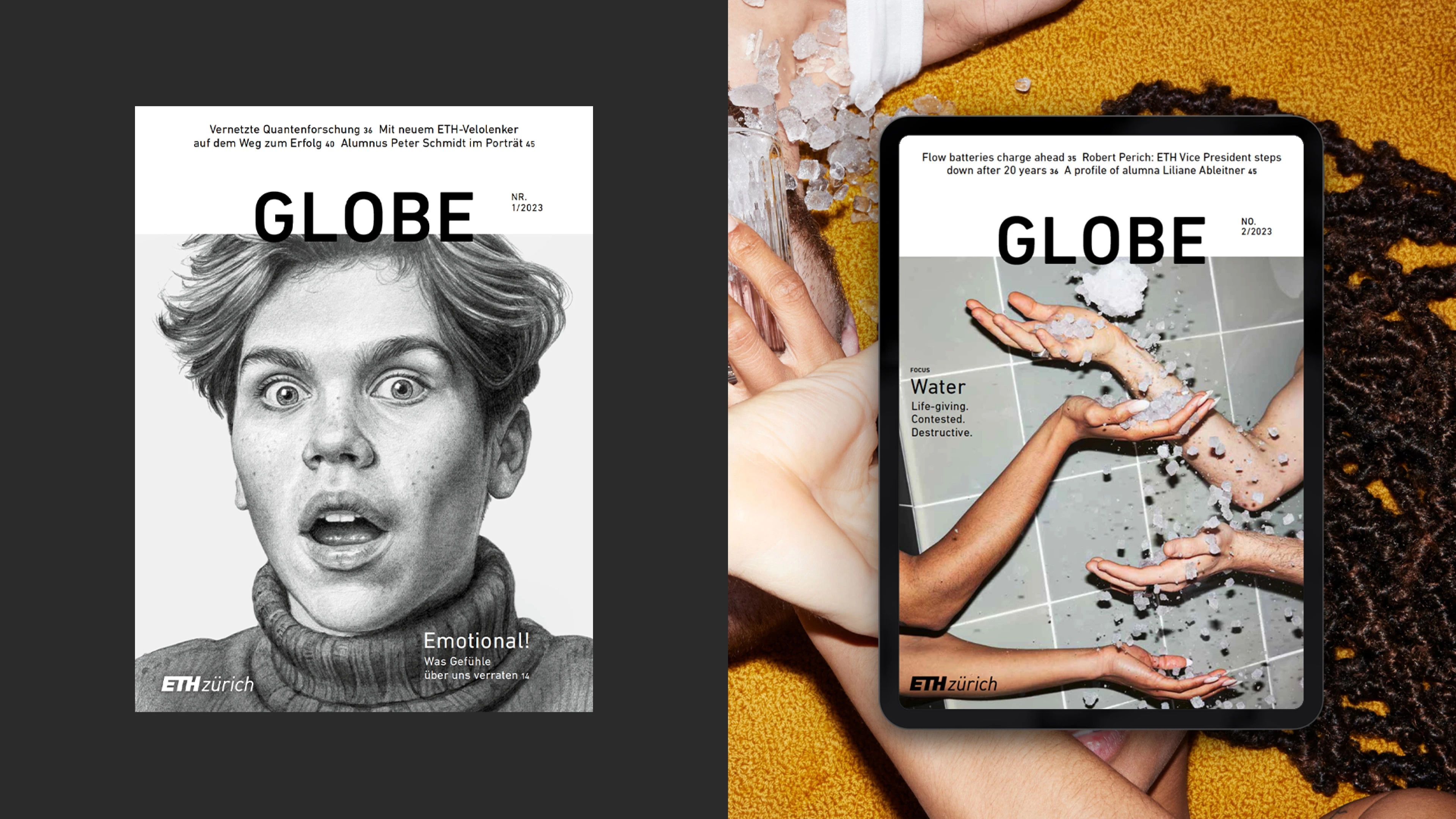 Das Bild zeigt zwei verschiedene Ausgaben des Magazins "GLOBE" der ETH Zürich. Die linke Seite zeigt ein gedrucktes Magazin, während die rechte Seite ein Tablet mit einer digitalen Ausgabe des Magazins darstellt.