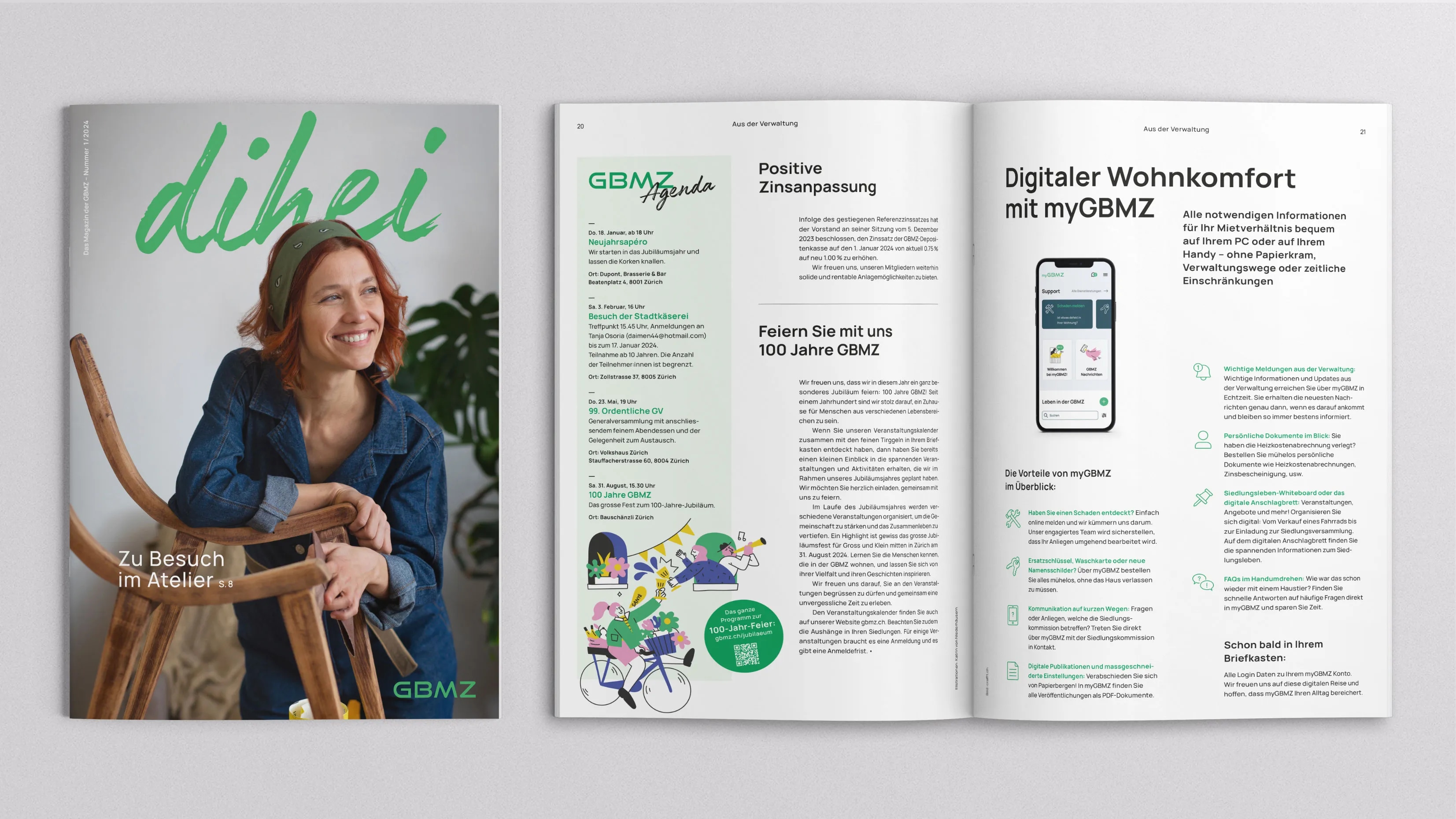 Das Bild zeigt das Cover und eine Doppelseite eines Magazins der GBMZ.
