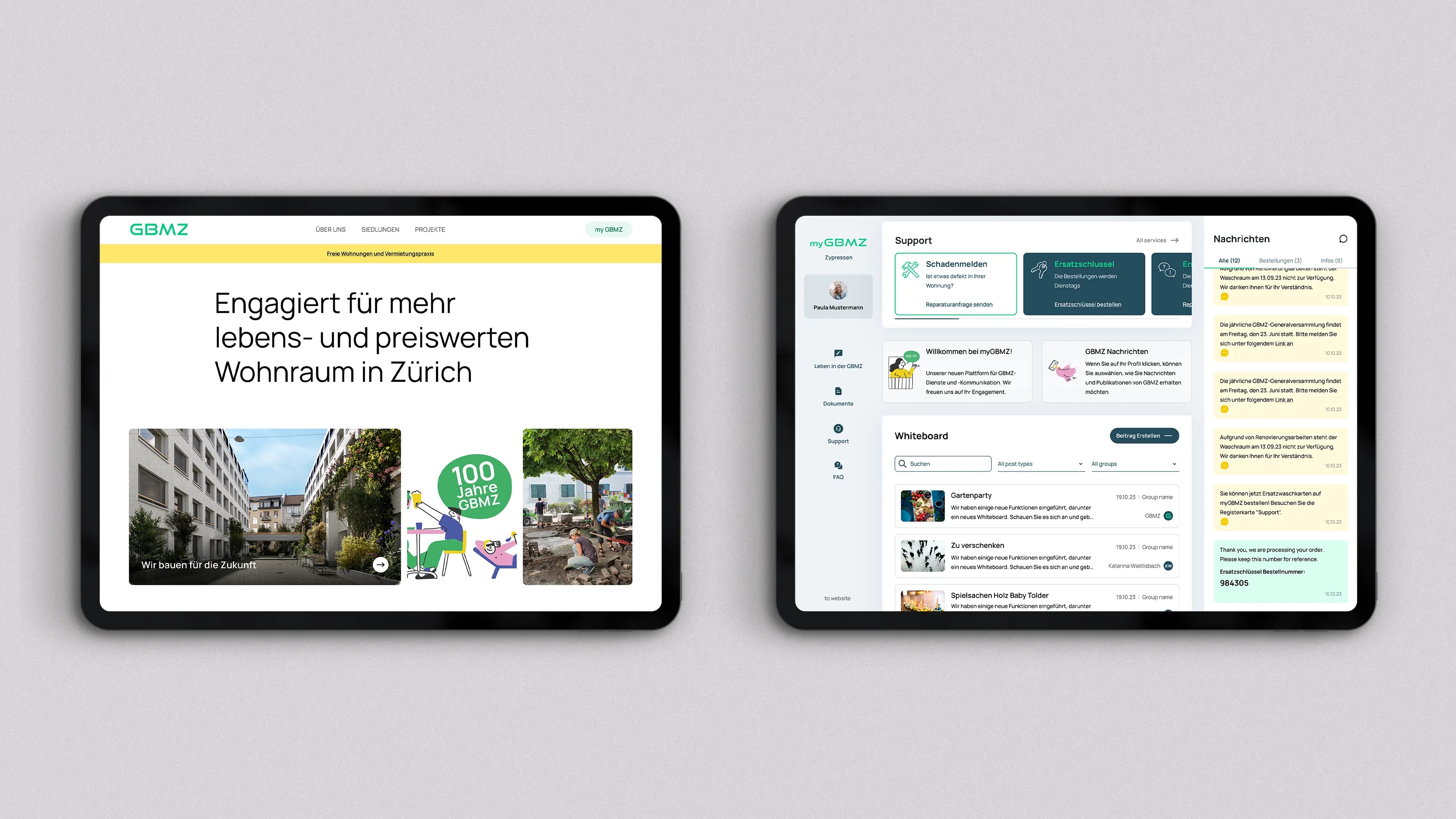 Das Bild zeigt zwei Tablets, die verschiedene Inhalte und Funktionen der "GBMZ" (Gemeinnützige Bau- und Mietergenossenschaft Zürich) App darstellen.