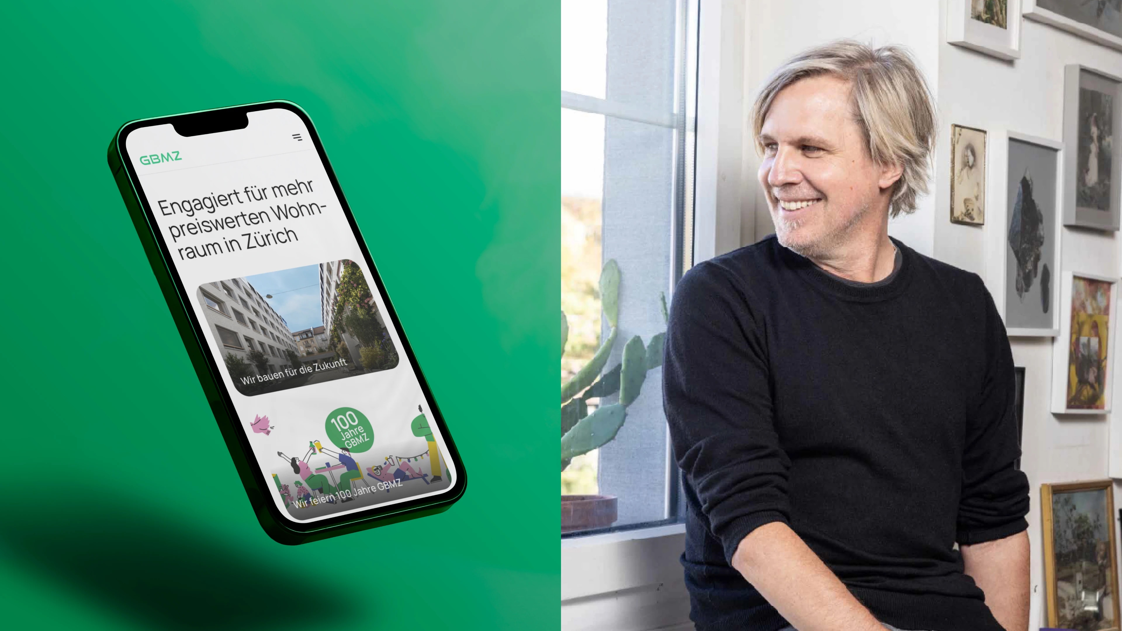 Das Bild ist in zwei Hälften geteilt und zeigt auf der linken Seite ein Smartphone mit einer App und auf der rechten Seite einen Mann, der in einem Innenraum sitzt.