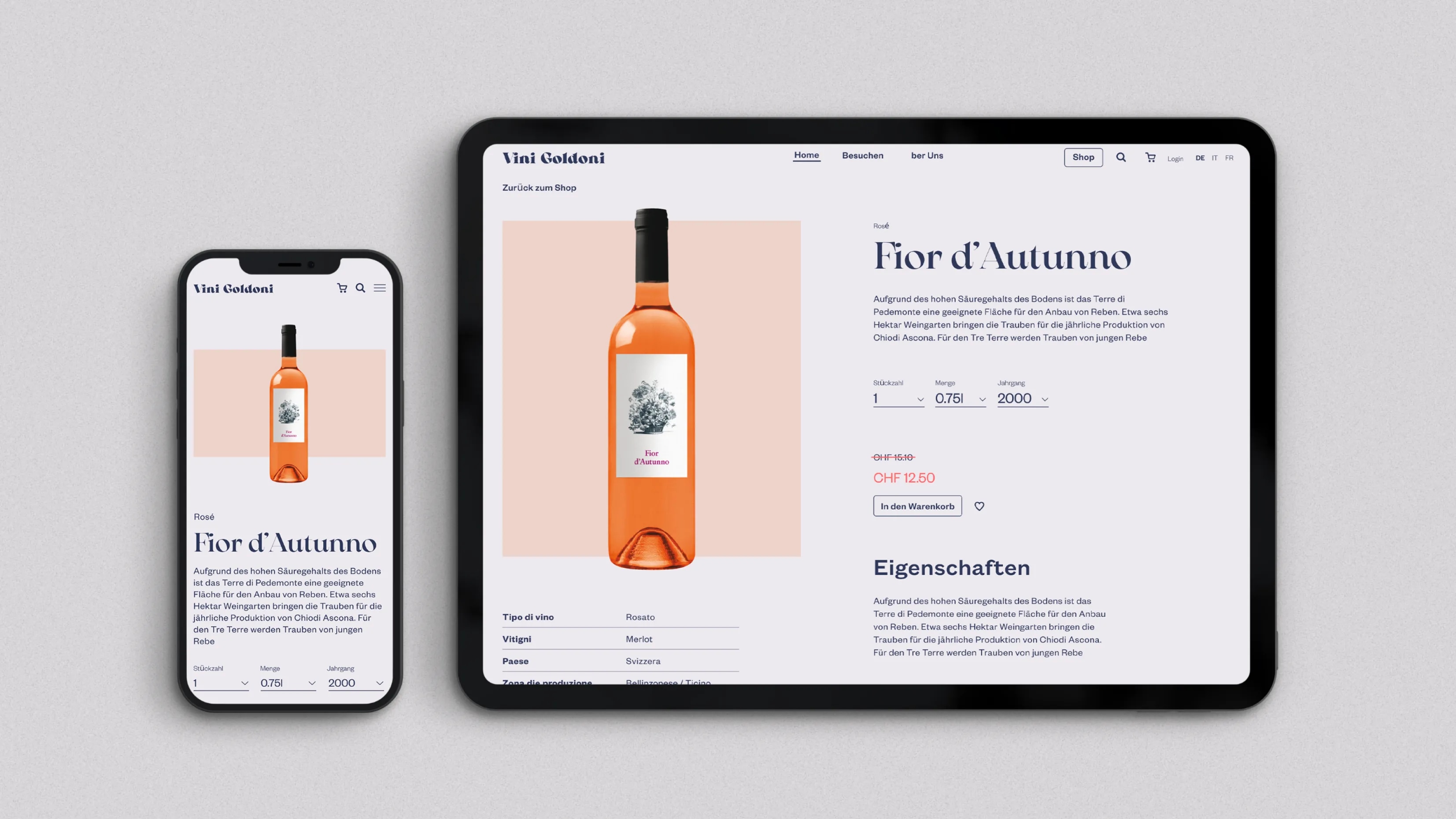 Das Bild zeigt ein Smartphone und ein Tablet, die jeweils die Produktseite eines Weins namens "Fior d'Autunno" im Online-Shop von "Vini Goldoni" anzeigen.