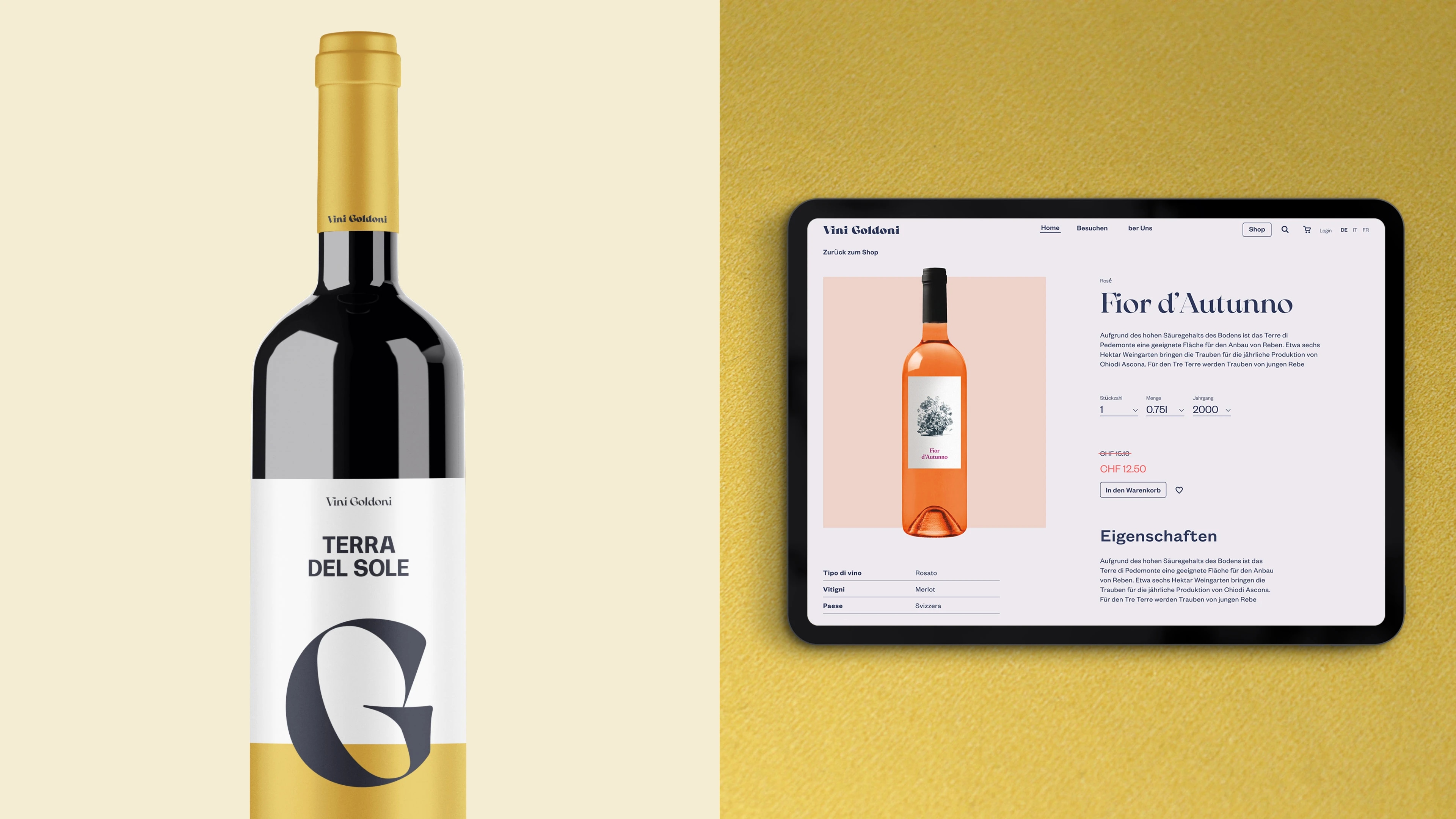 Das Bild ist in zwei Hälften geteilt und zeigt auf der linken Seite eine Weinflasche und auf der rechten Seite eine Tablet-Ansicht einer Wein-Produktseite.