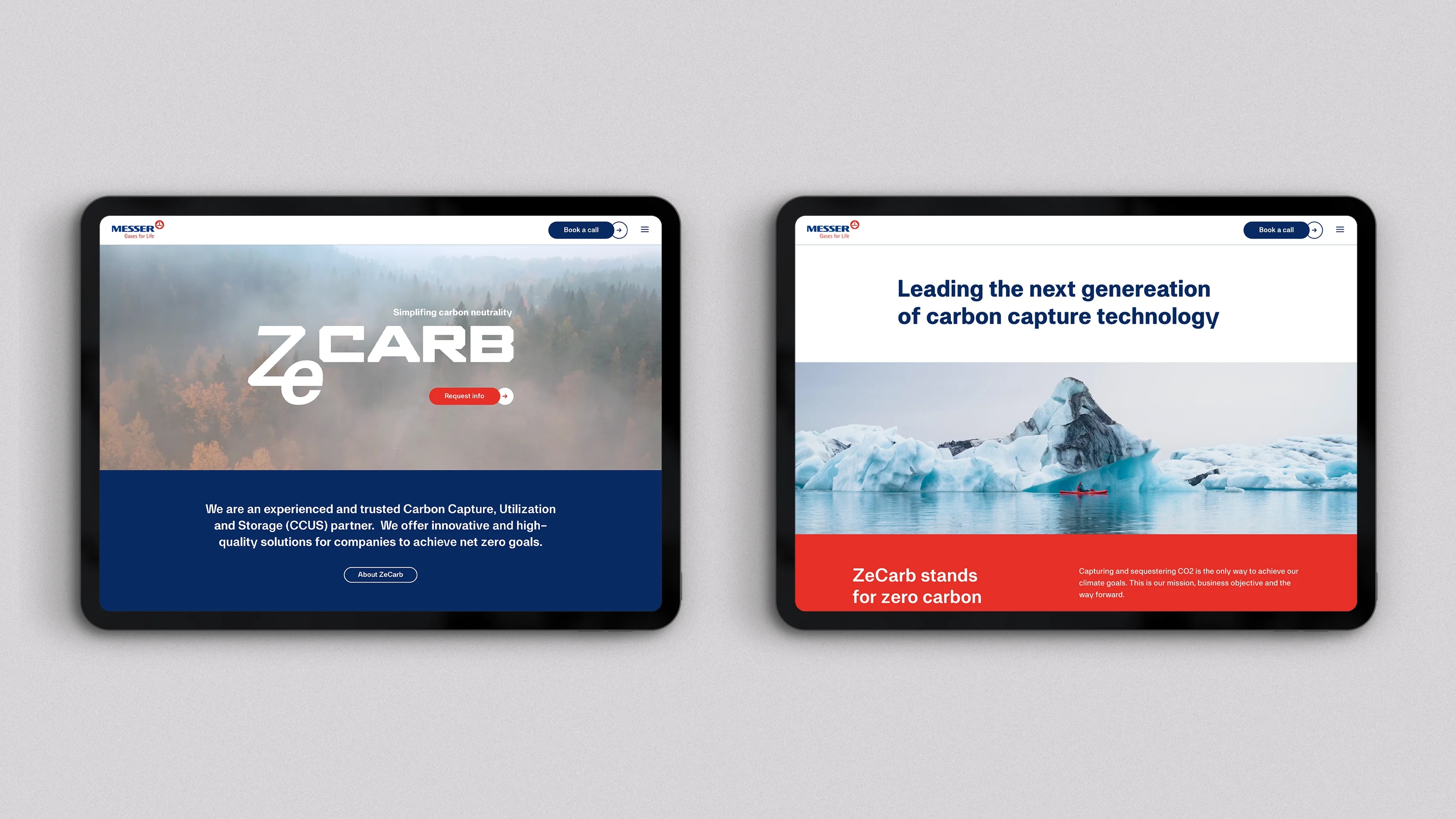 Das Bild zeigt zwei Tablets nebeneinander, die jeweils eine Webseite anzeigen, die sich auf die Marke "ZeCARB" und ihre Technologie zur CO2-Abscheidung konzentriert. Beide Tablets haben eine klare und professionelle Gestaltung.