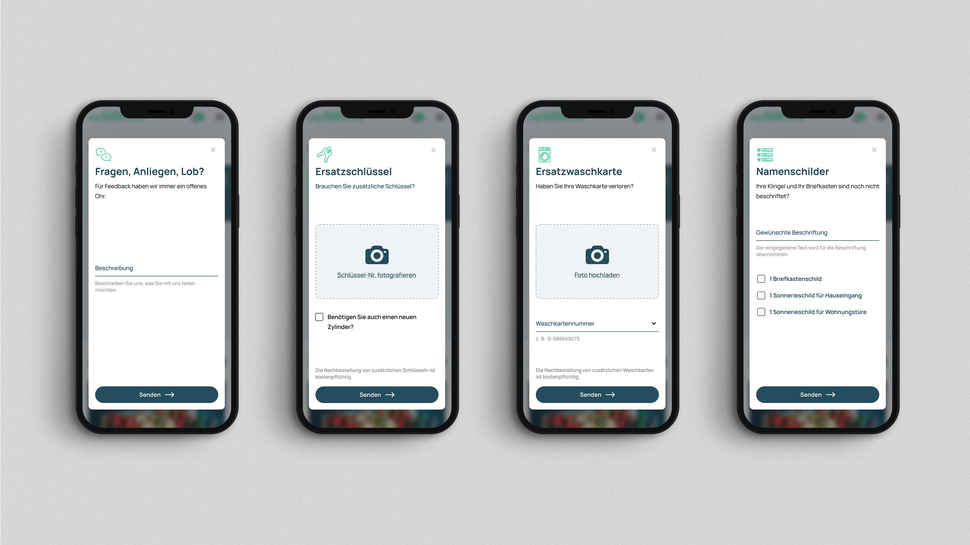 Vier Smartphones mit verschiedenen Funktionen myGBMZ