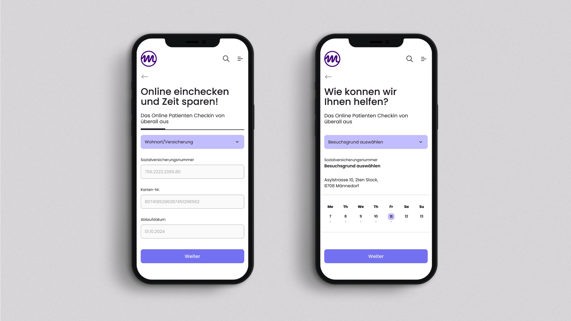 Zwei Smartphones mit der Website vom Spital Männedorf auf dem Screen