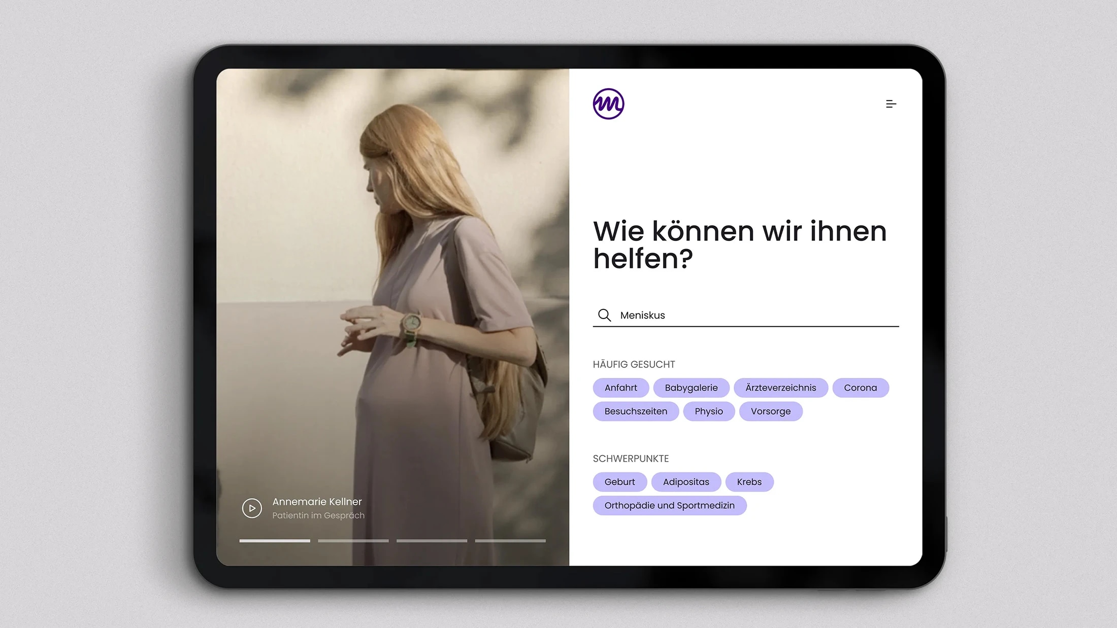 Tablet mit der Website vom Spital Männedorf auf dem Screen