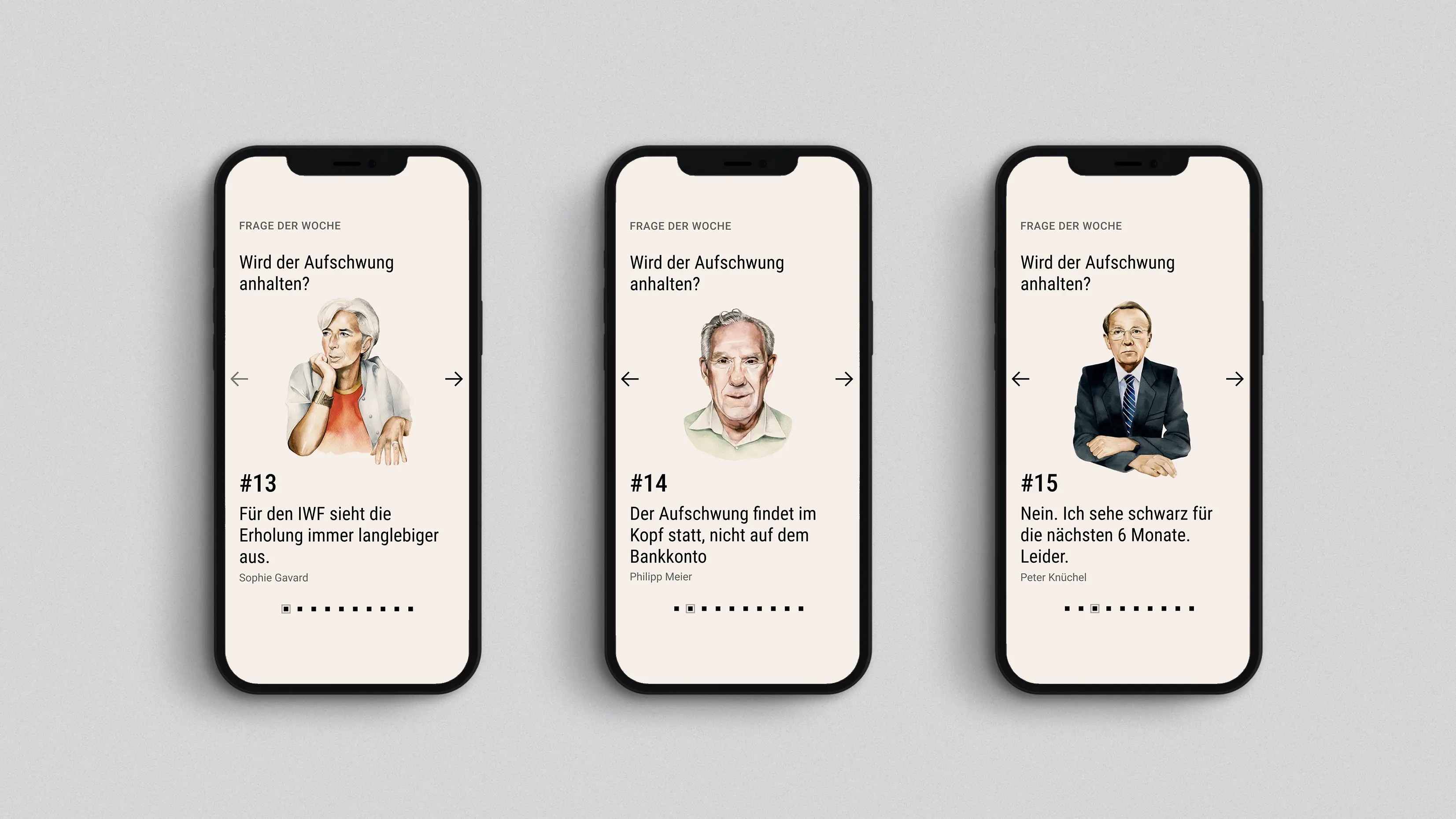 Auf diesem Bild sind drei Smartphones zu sehen, die nebeneinander angeordnet sind. Auf den Bildschirmen der Smartphones wird eine Serie von Porträts älterer Menschen gezeigt, die jeweils eine Frage der Woche beantworten.
