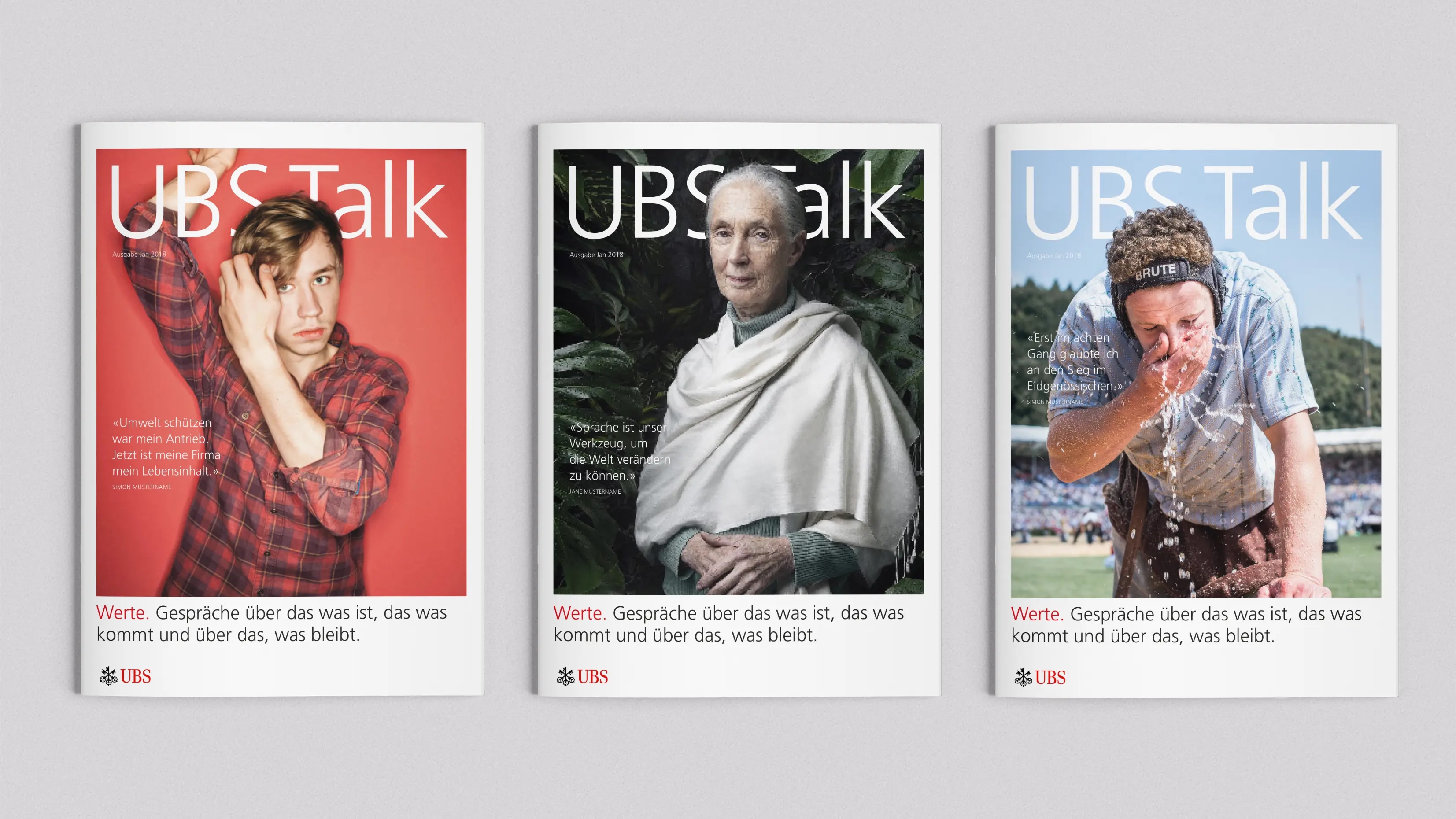 Das Bild zeigt drei verschiedene Ausgaben des Magazins "UBS Talk". Jede Ausgabe hat ein eigenes Titelbild und einen spezifischen Schwerpunkt.